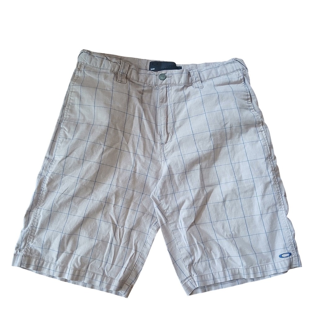 Oakley Golf Shorts Mens 36W Beige Blue Tan Plaid Checkered Casual Sporty